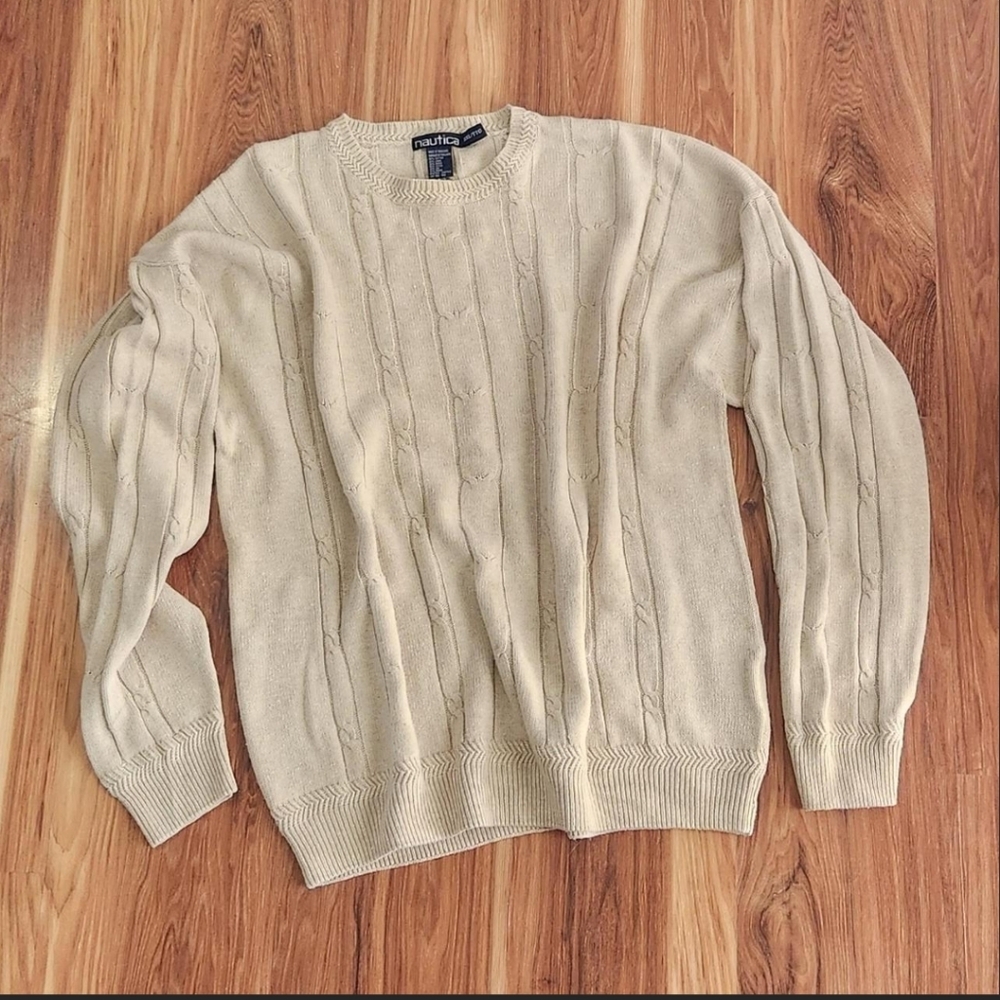Classic 90s Cable Knit Nautuca Warm Beige Crewneck Sweater